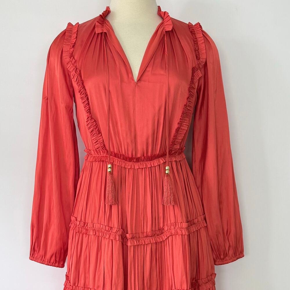 Elie Tahari Satin Ruffle Midi Dress Tiered Long Sleeves in Wild Flower 2 NWT - Picture 3 of 12